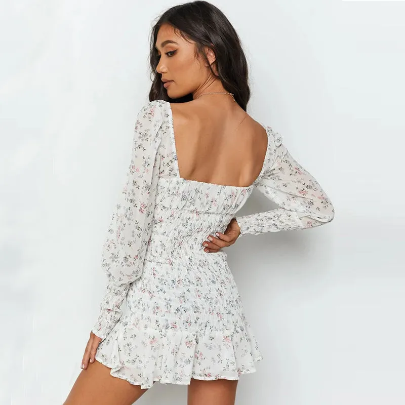 Backless Ruffle Frilly Lace-up Chiffon Mini Floral Dress