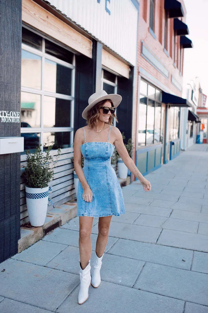 Backless Strap Skater Denim Mini Dresses