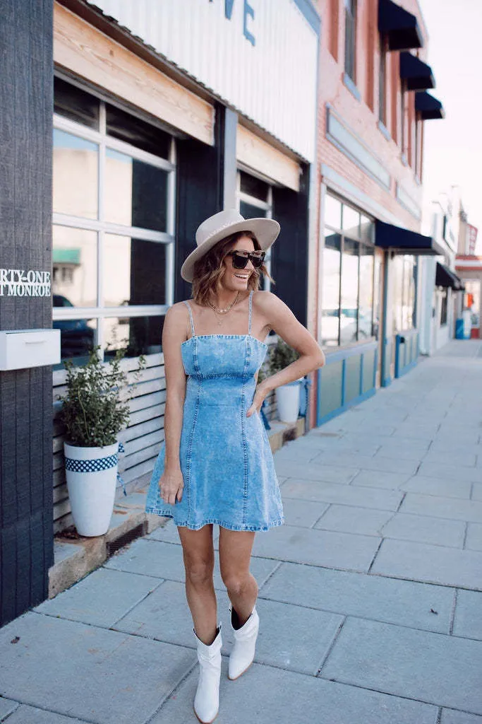 Backless Strap Skater Denim Mini Dresses