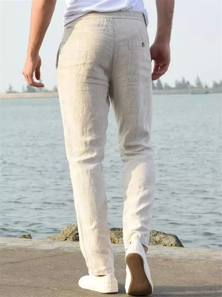 Basic Casual Linen Cotton Drawstring Trousers