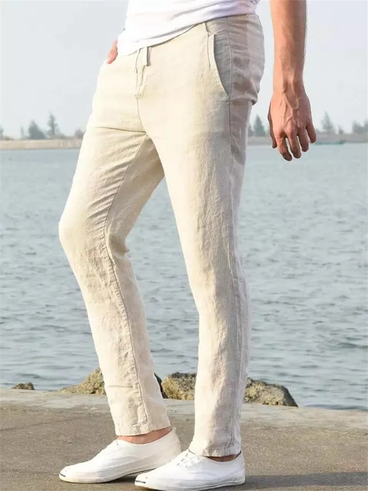 Basic Casual Linen Cotton Drawstring Trousers