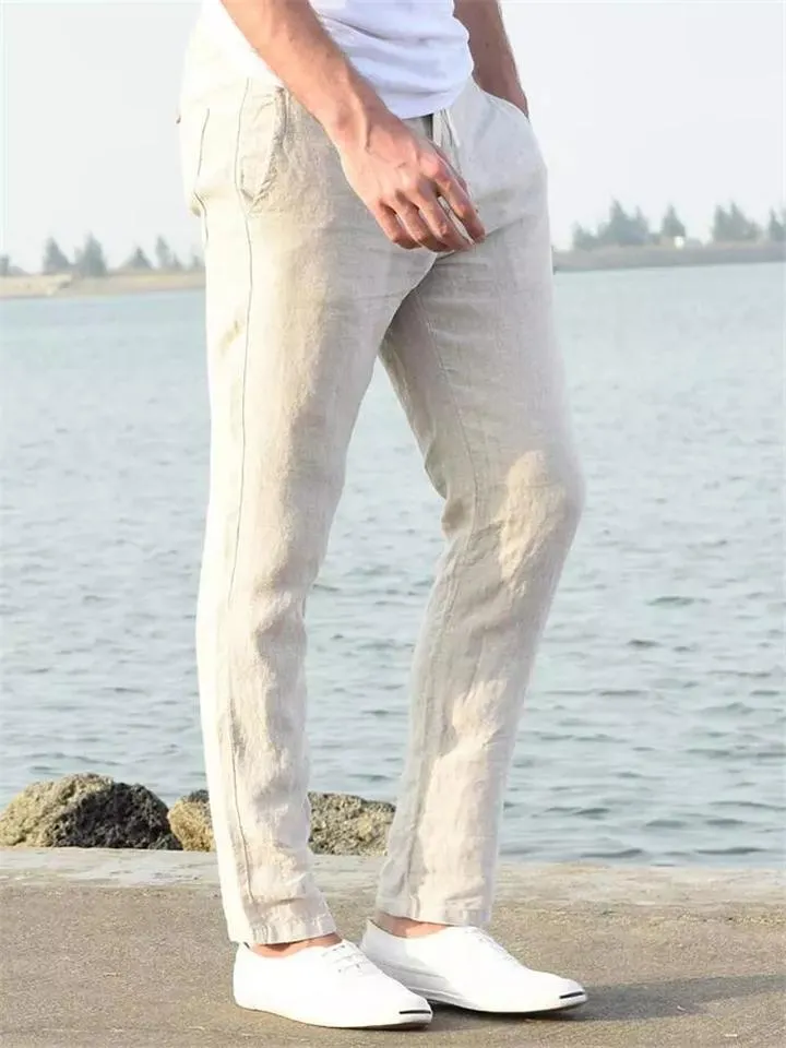 Basic Casual Linen Cotton Drawstring Trousers