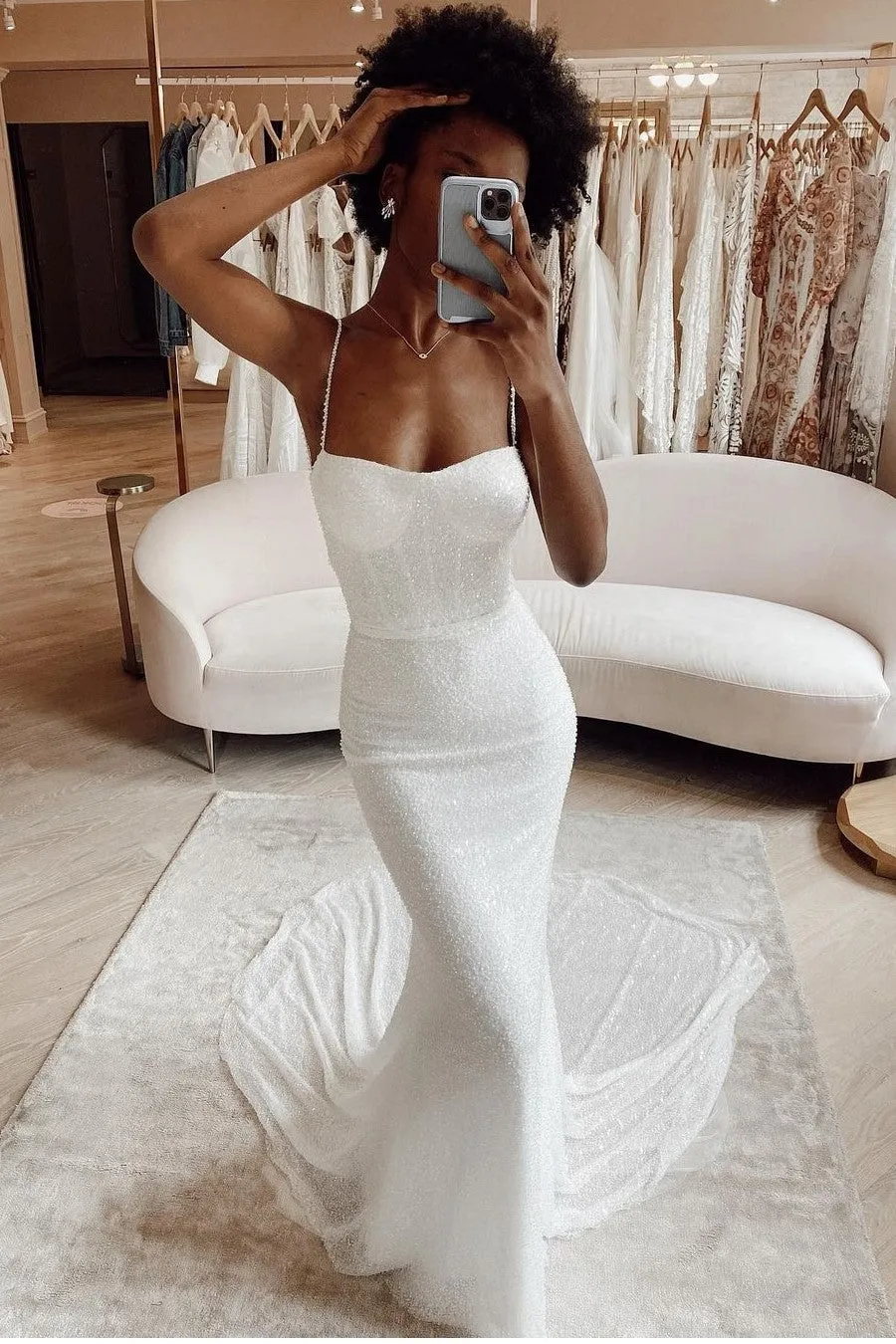 Beaded Sequin Sheath Bridal Gown with Spaghetti Straps