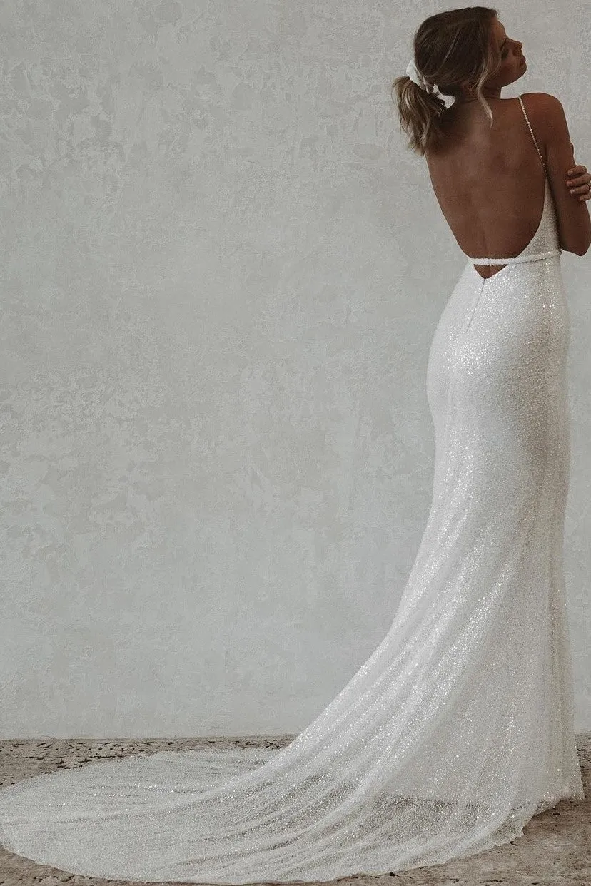 Beaded Sequin Sheath Bridal Gown with Spaghetti Straps