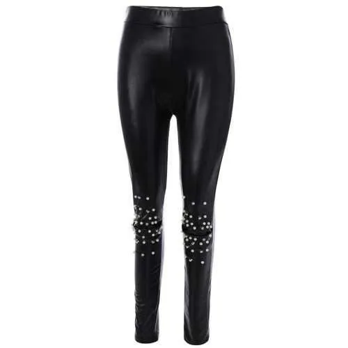 Beading PU Leather Leggings - Black S