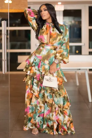 Bell Sleeve Cutout Print Tiered Vacation Maxi Dresses-Multicolor [Pre Order]
