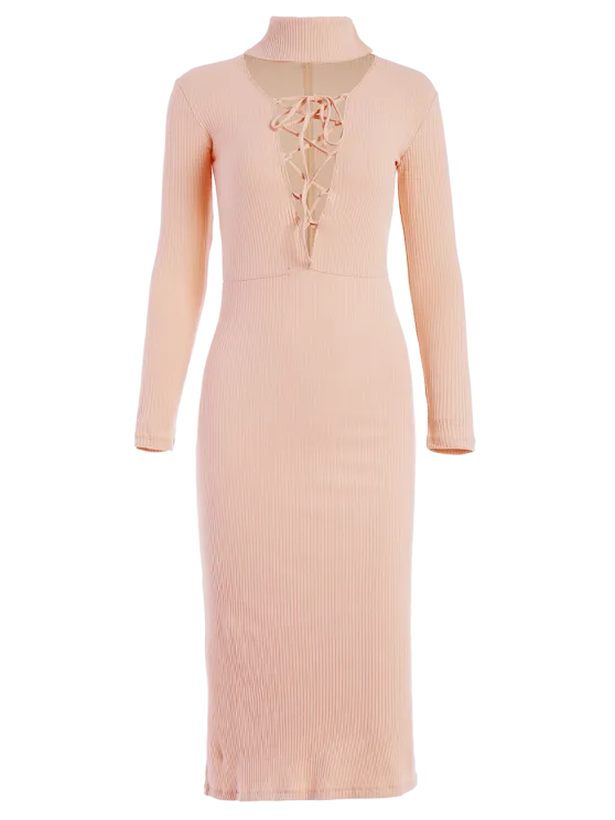 BerryBetty - Fun Turtleneck Ribbed Knit Midi Bodycon Dress