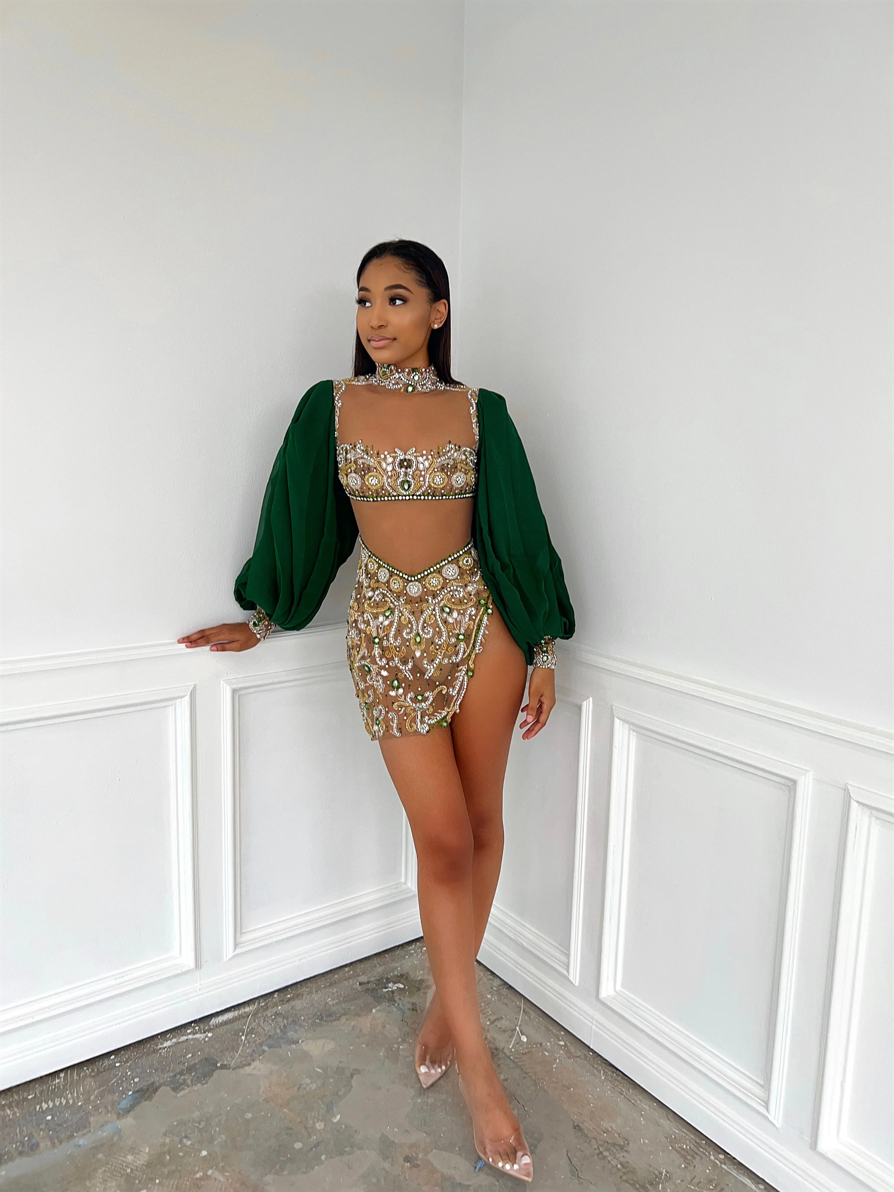 Bishop Sleeve Crystal Beaded Mini in Green