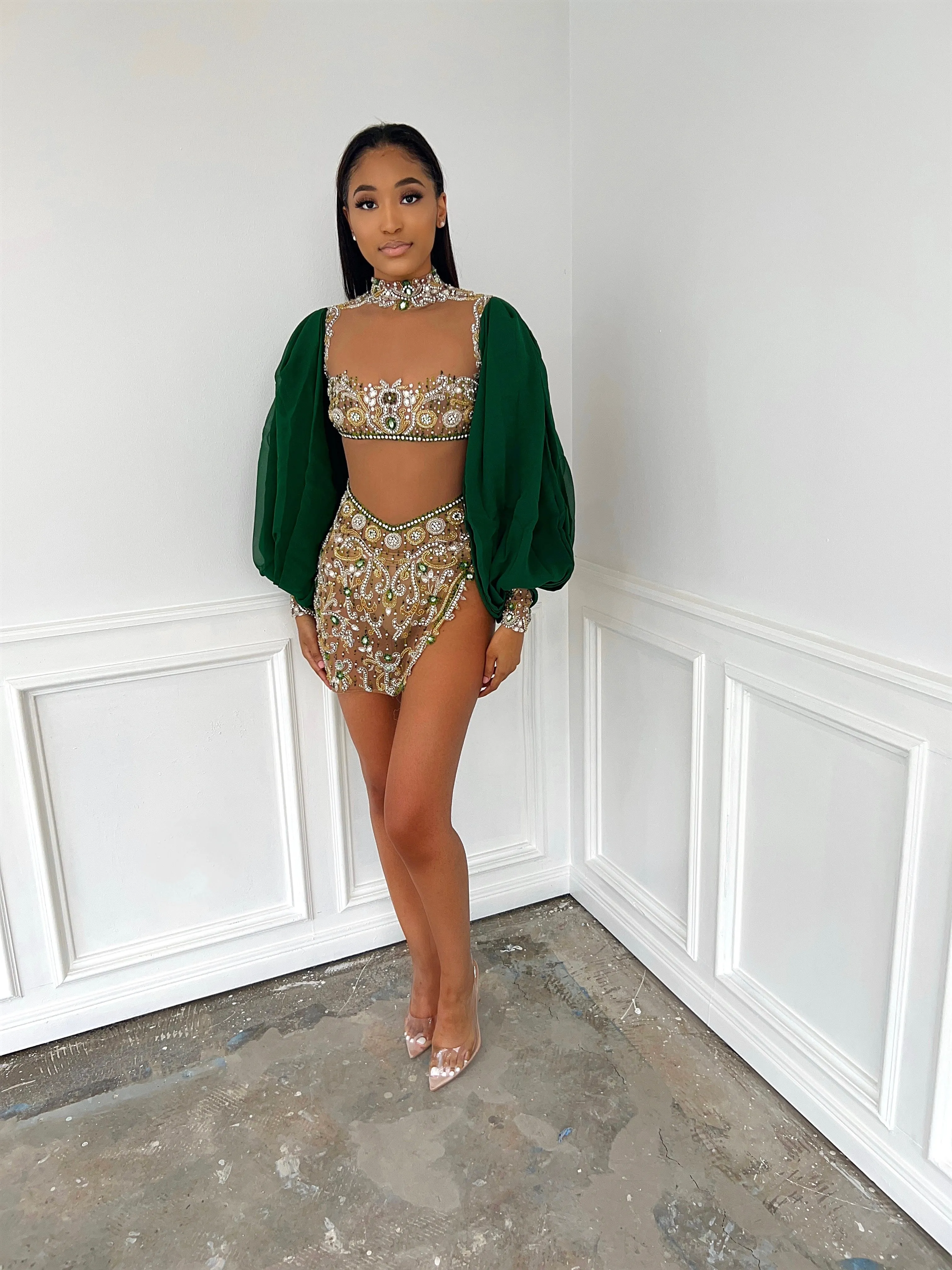 Bishop Sleeve Crystal Beaded Mini in Green