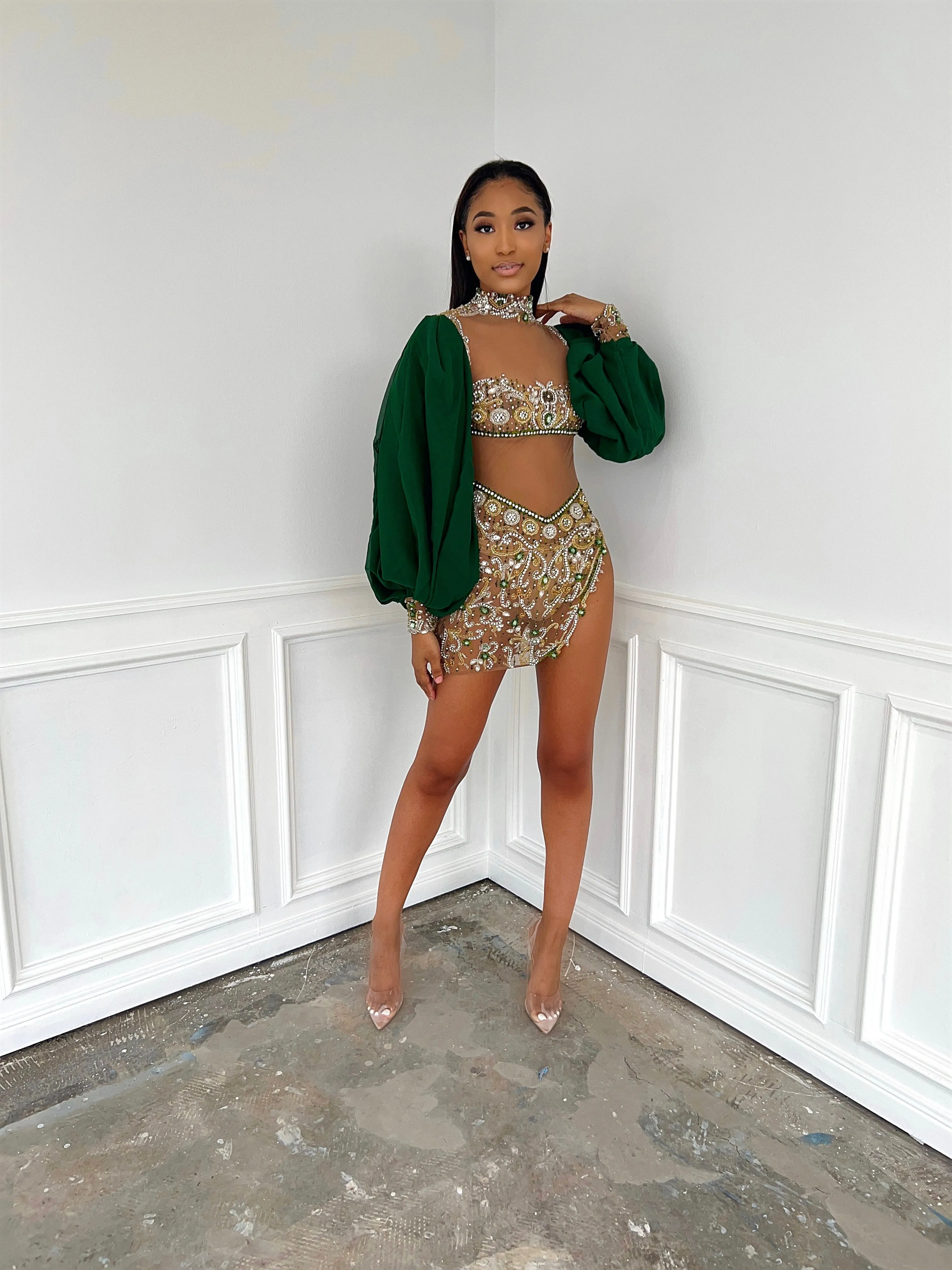 Bishop Sleeve Crystal Beaded Mini in Green