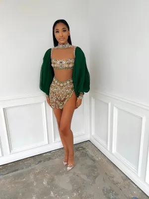 Bishop Sleeve Crystal Beaded Mini in Green