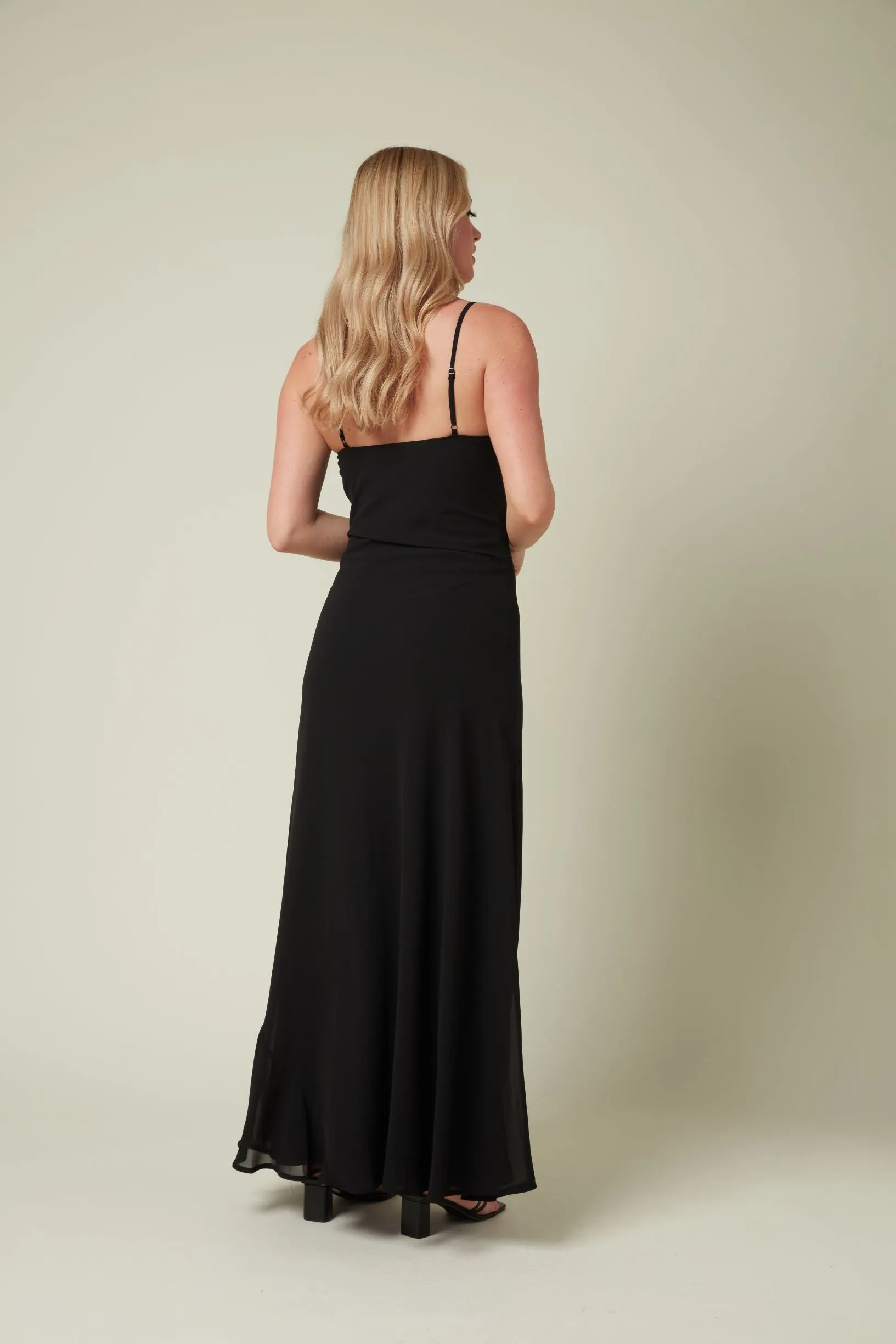 Black chiffon maxi dress with cowl neck