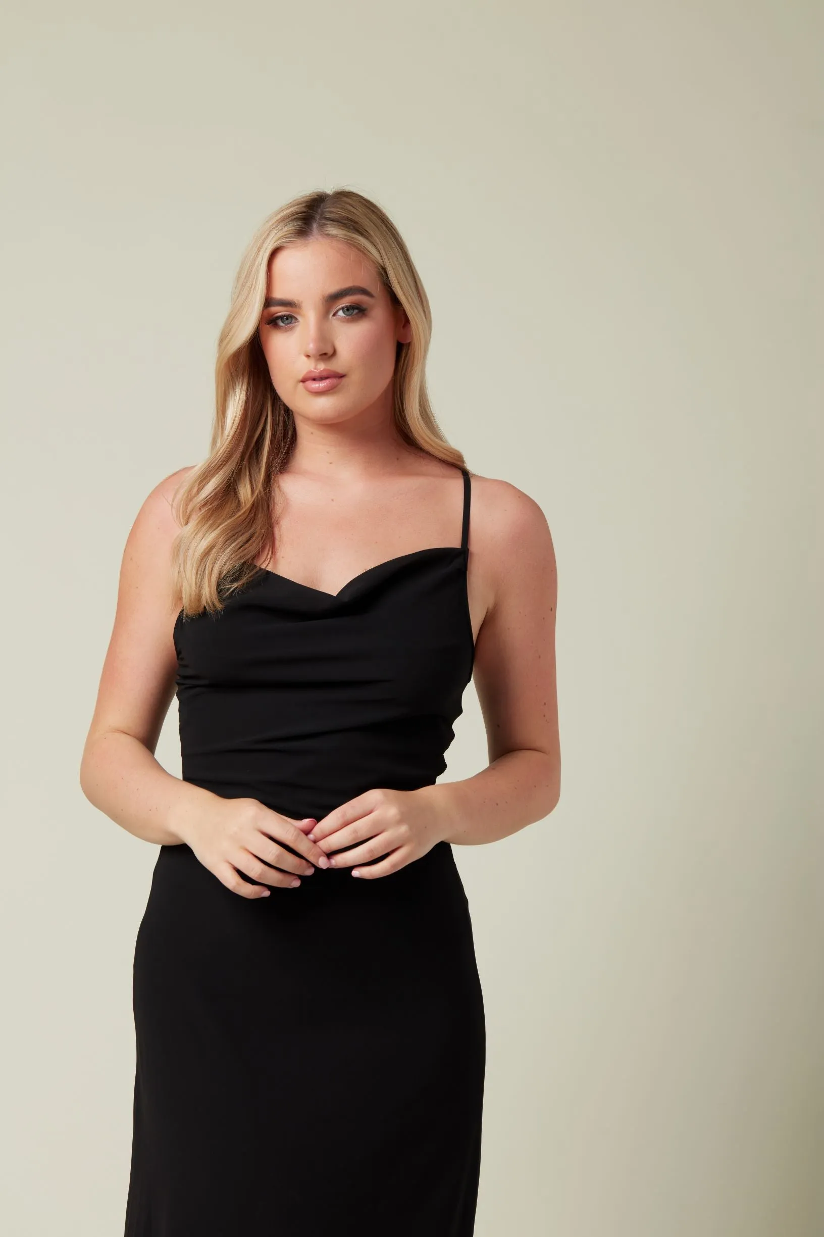 Black chiffon maxi dress with cowl neck
