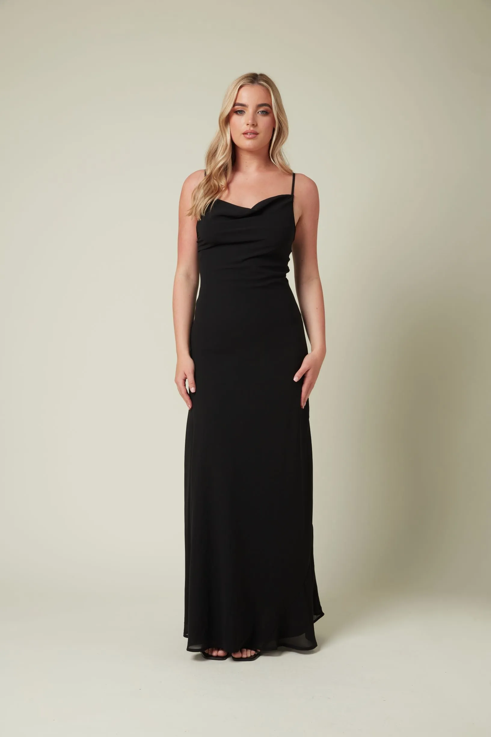 Black chiffon maxi dress with cowl neck