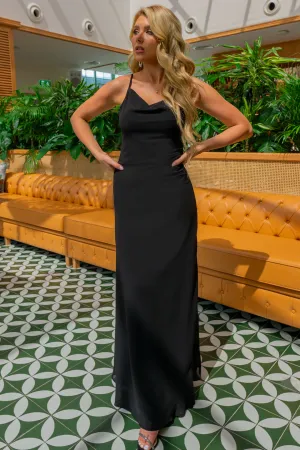 Black chiffon maxi dress with cowl neck