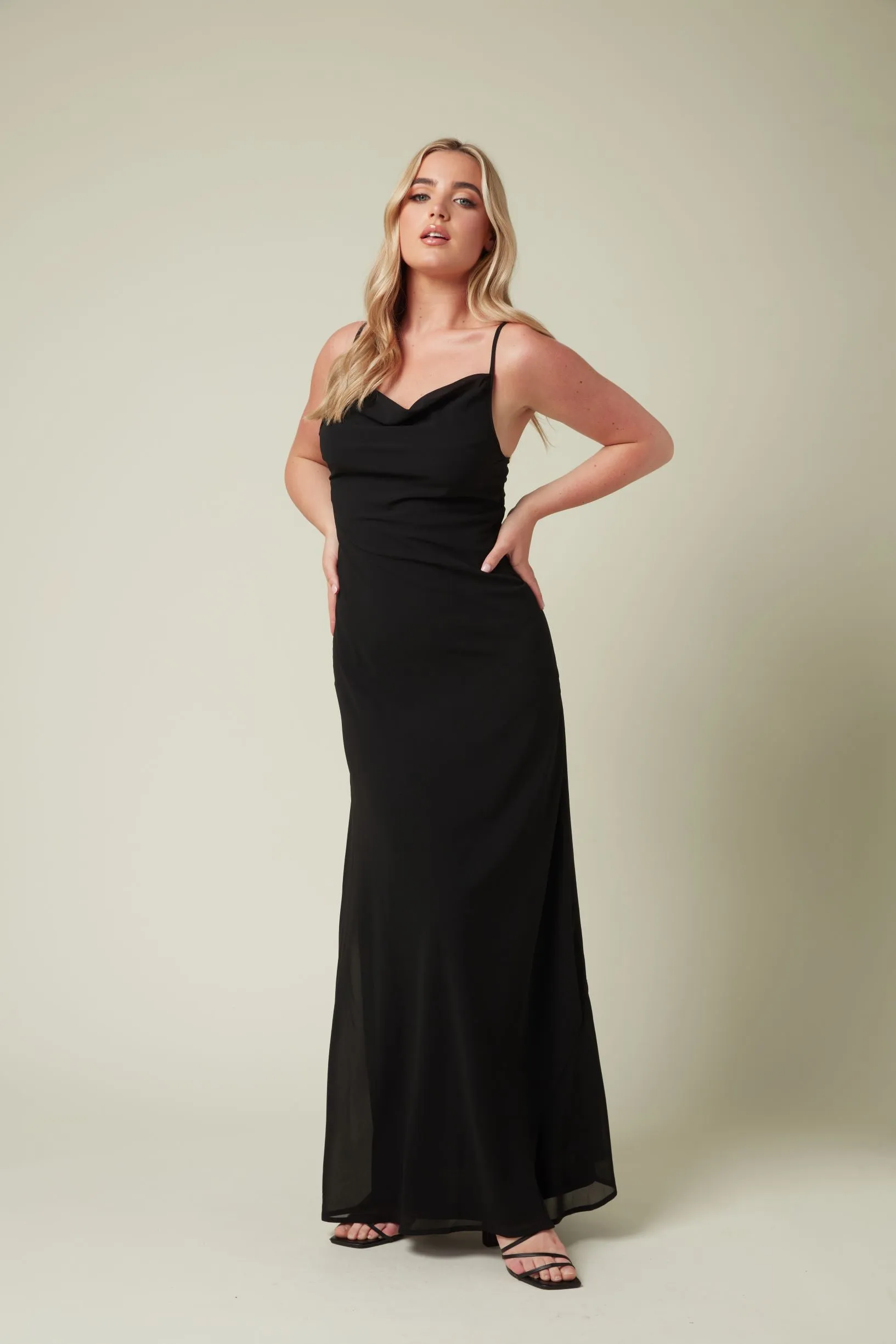 Black chiffon maxi dress with cowl neck