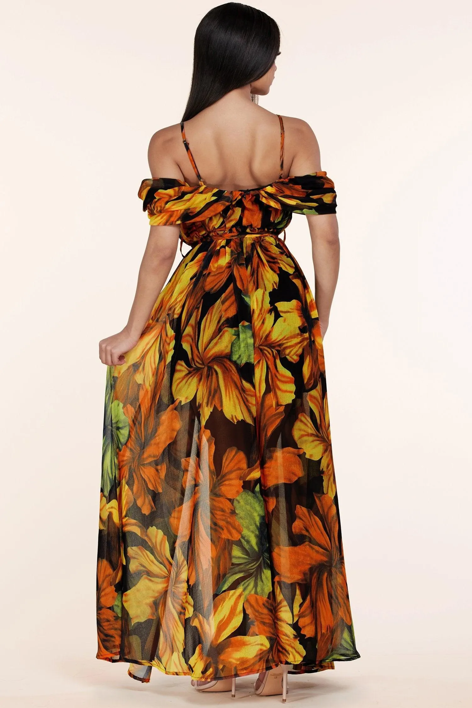 BLACK FLORAL MAXI DRESS OFF THE SHOUDER