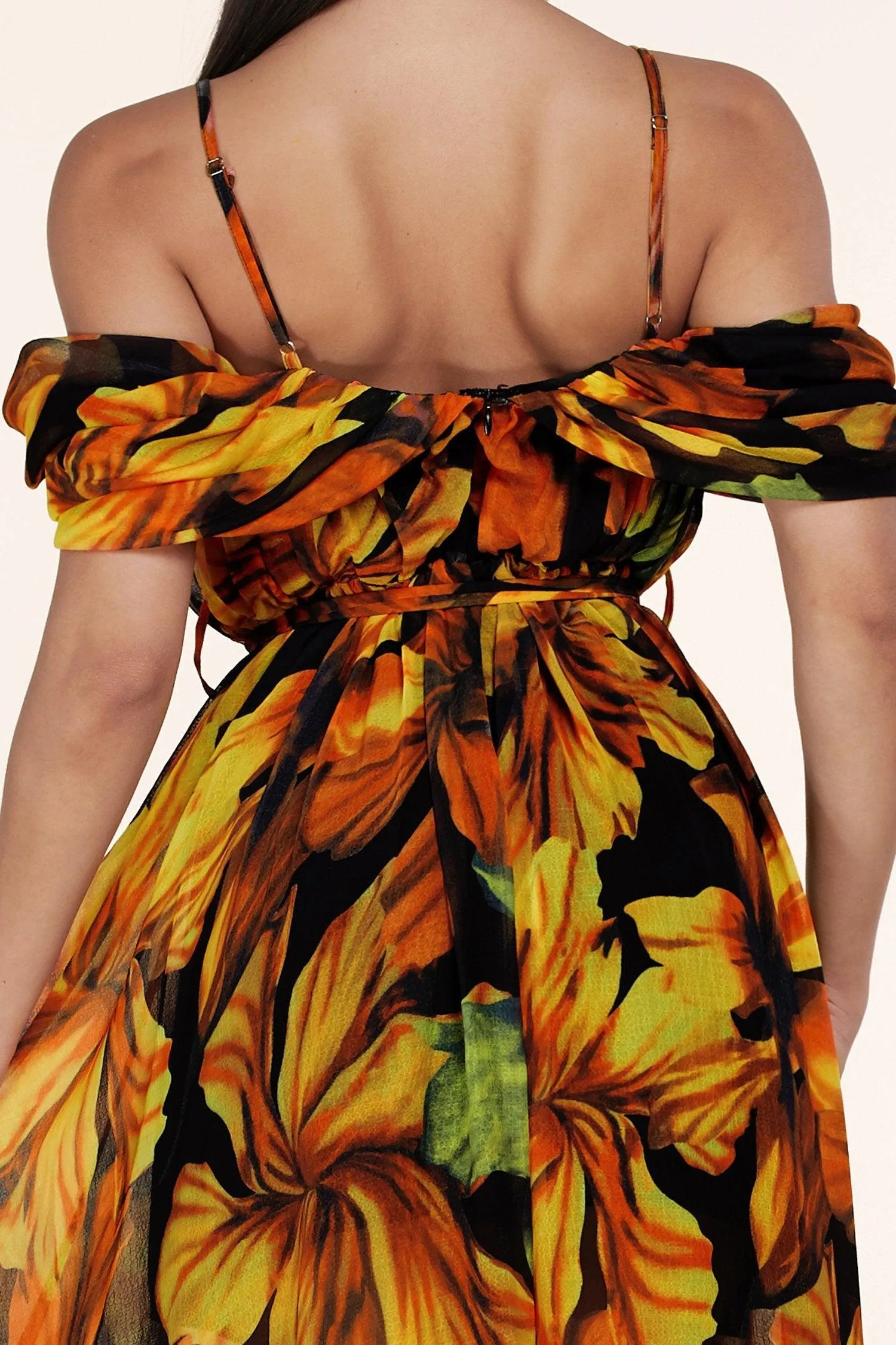 BLACK FLORAL MAXI DRESS OFF THE SHOUDER