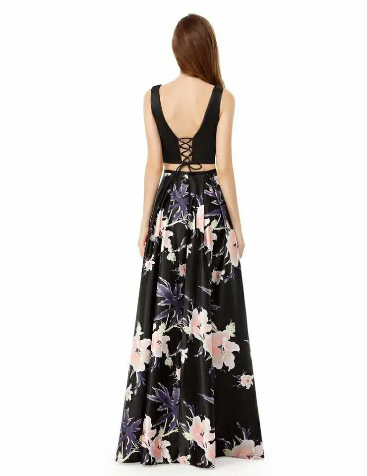 Black Floral Print Prom Dresses