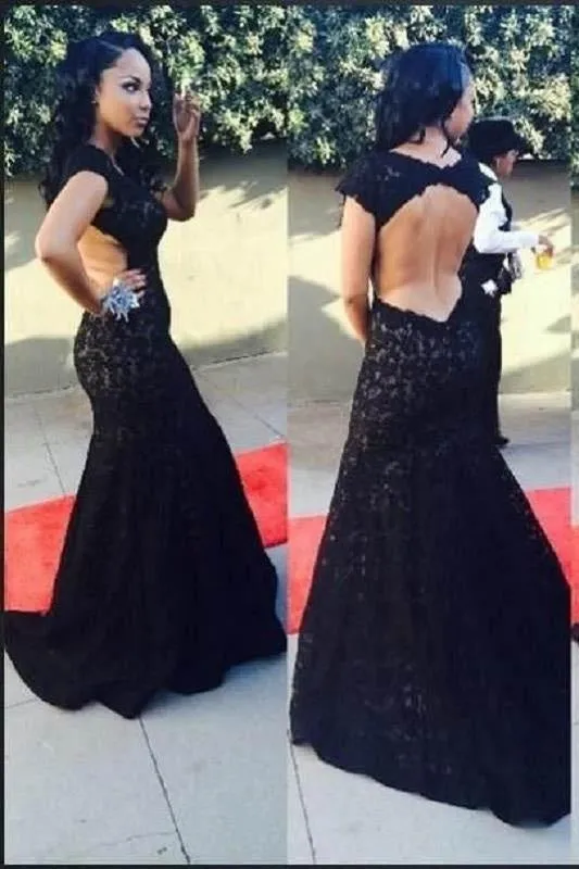 Black Lace Mermaid Dresses Open Back Cap Sleeve Long Prom Gown