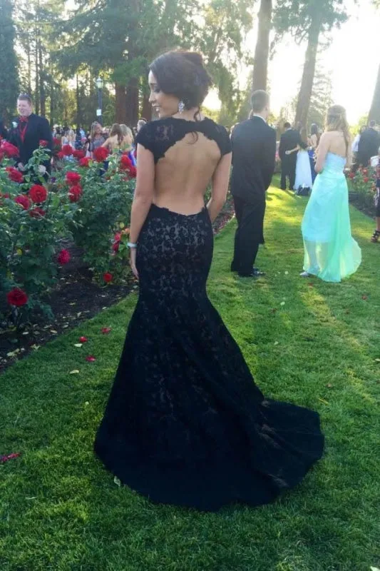 Black Lace Mermaid Dresses Open Back Cap Sleeve Long Prom Gown