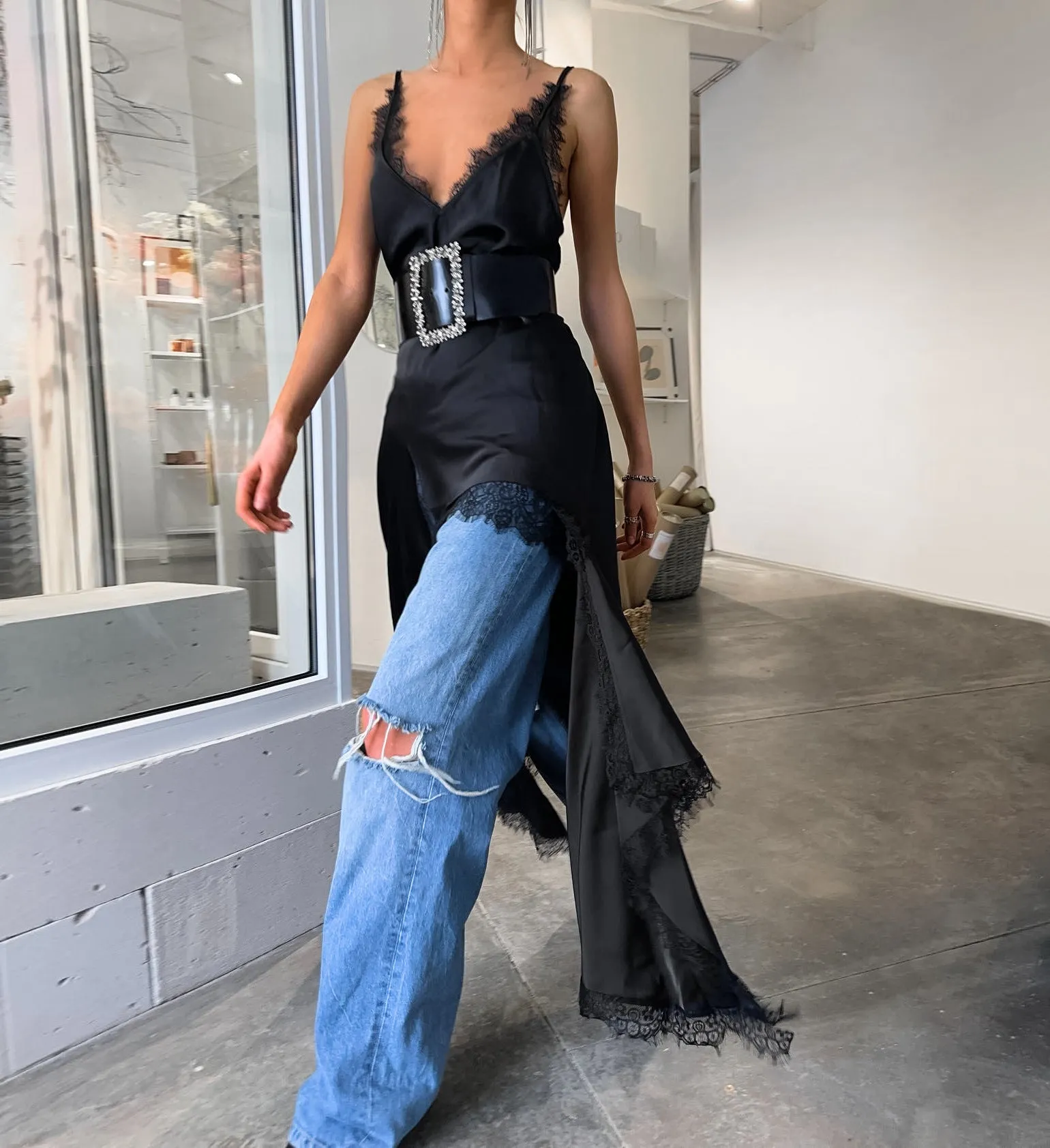 Black Lace-trimmed Irregular Slip Dress