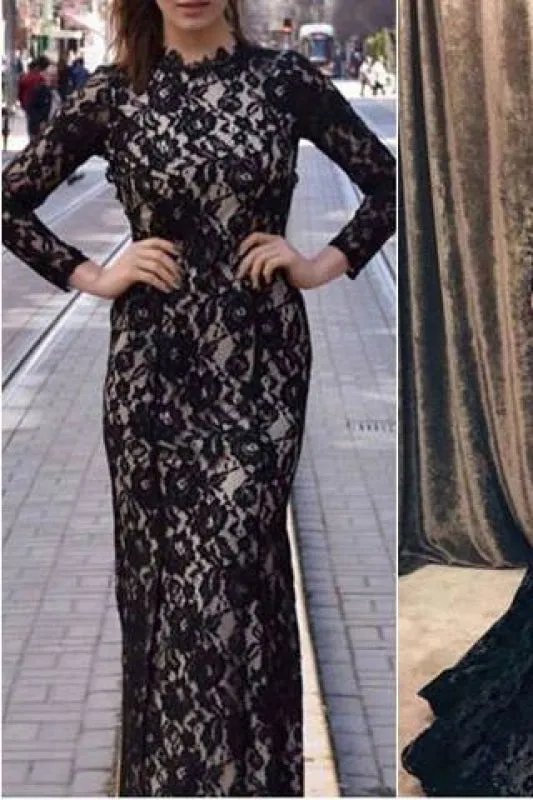 Black Mermaid Jewel Sleeve Lace Open Back Evening Dress Long Prom Gown