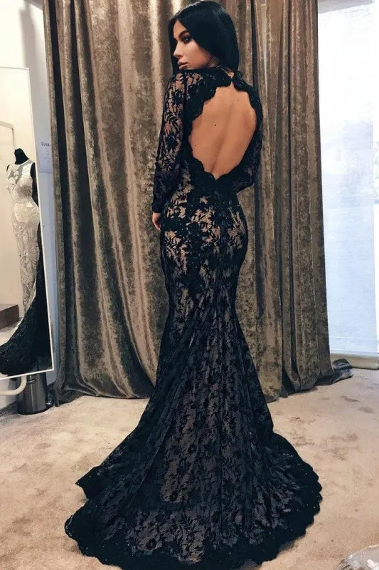 Black Mermaid Jewel Sleeve Lace Open Back Evening Dress Long Prom Gown