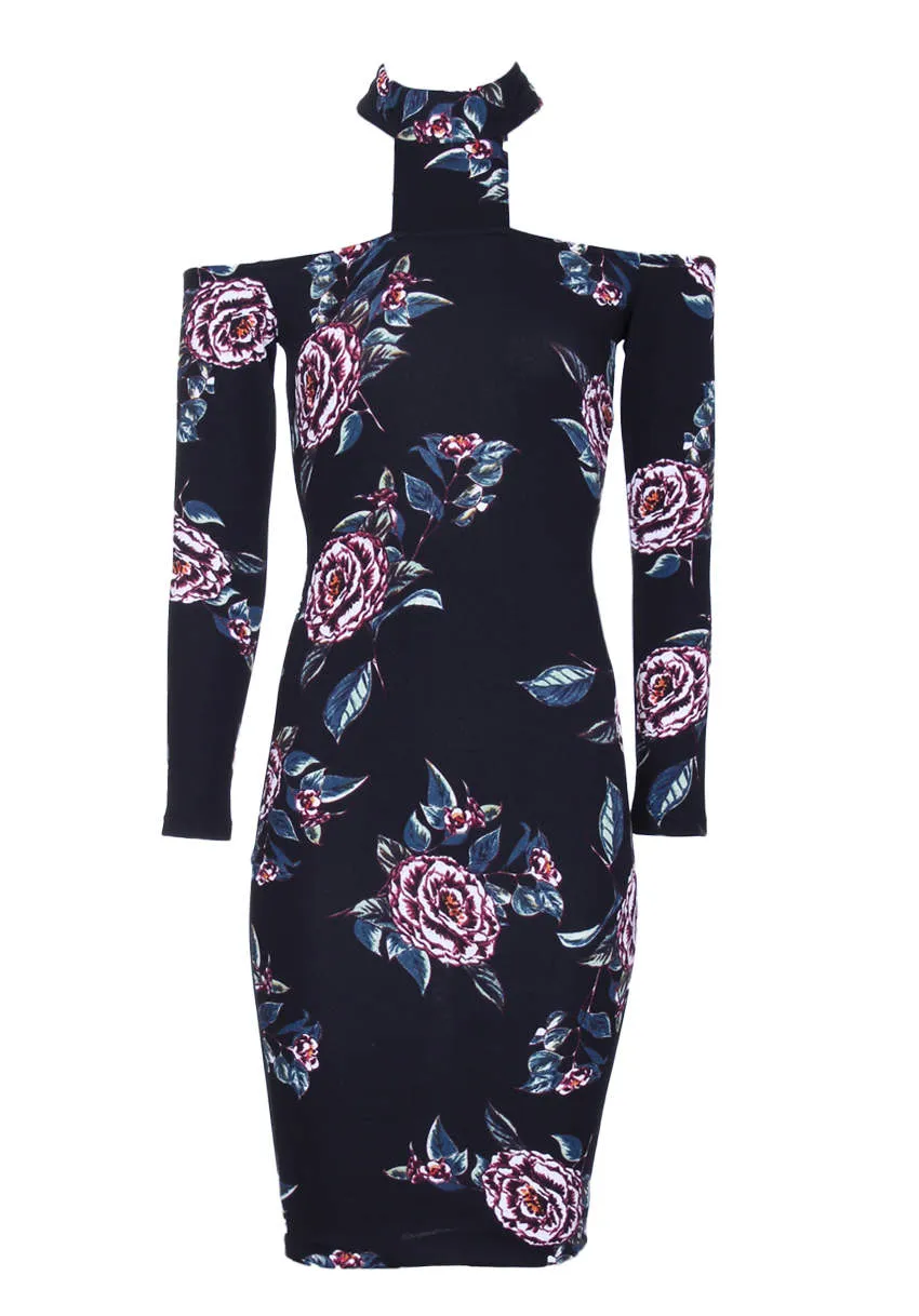 Black Off The Shoulder Floral Midi Bodycon Dress