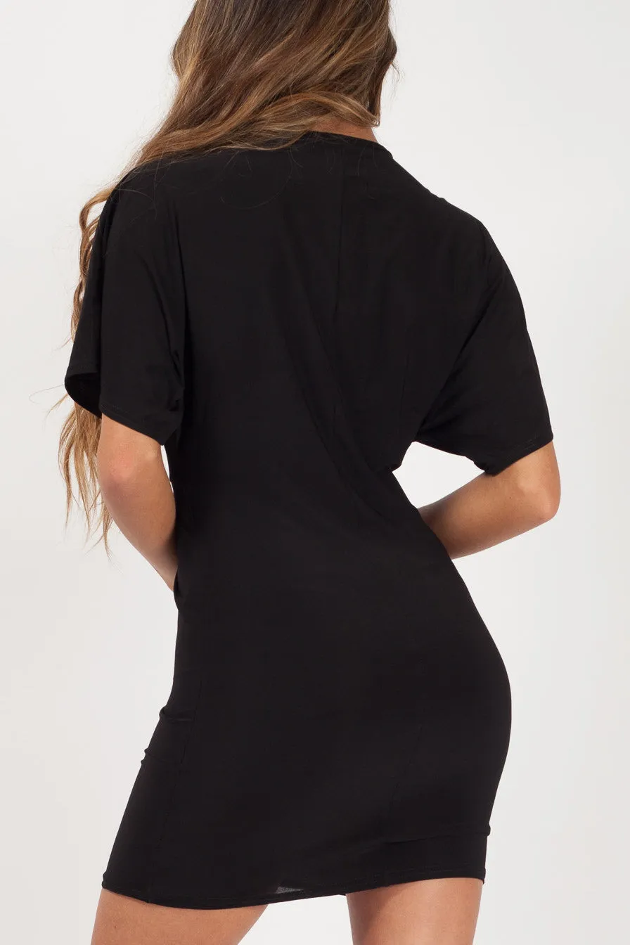 Black Plunging Twist Front Bodycon Mini Dress