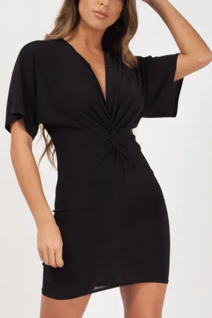 Black Plunging Twist Front Bodycon Mini Dress