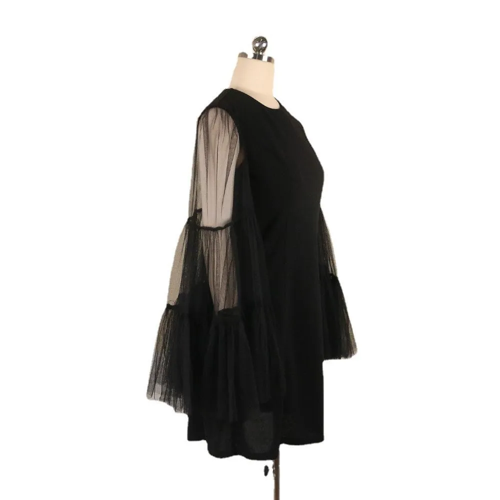 Black See Through Net Ruffled Mini Dresses