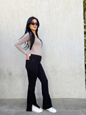 Black Split Hem Flare Jeans