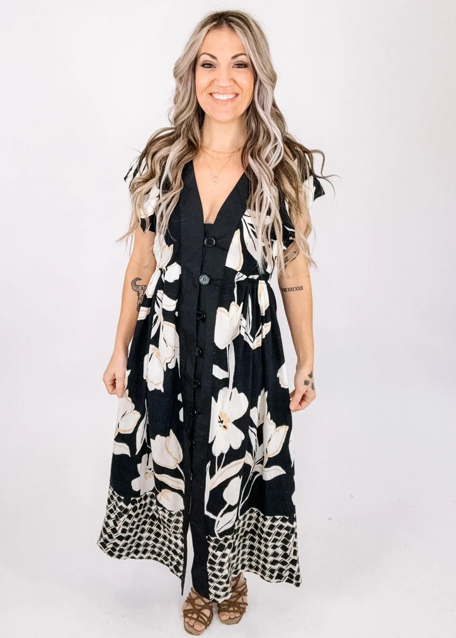 Black Trim Floral Button Dow Maxi