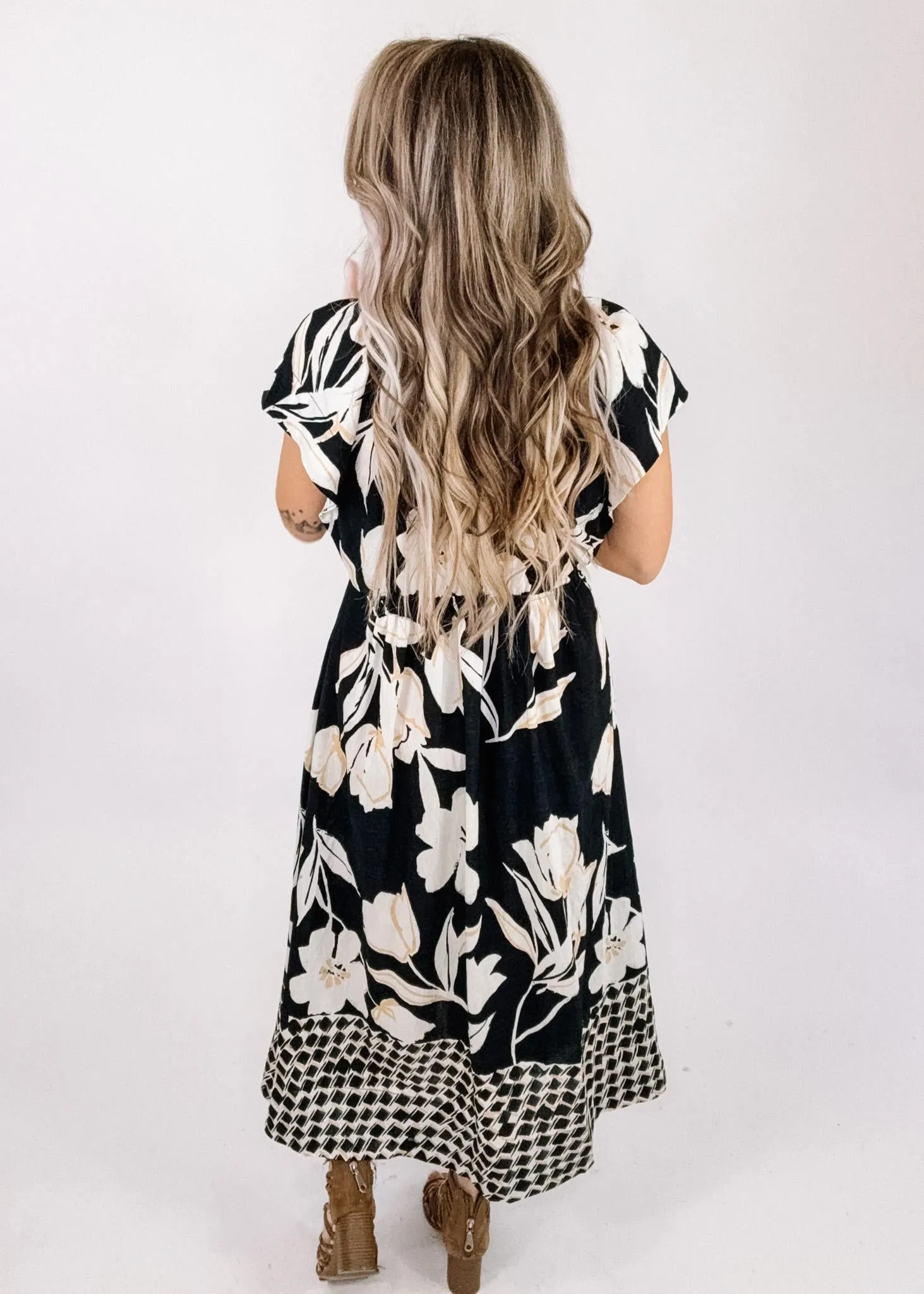 Black Trim Floral Button Dow Maxi