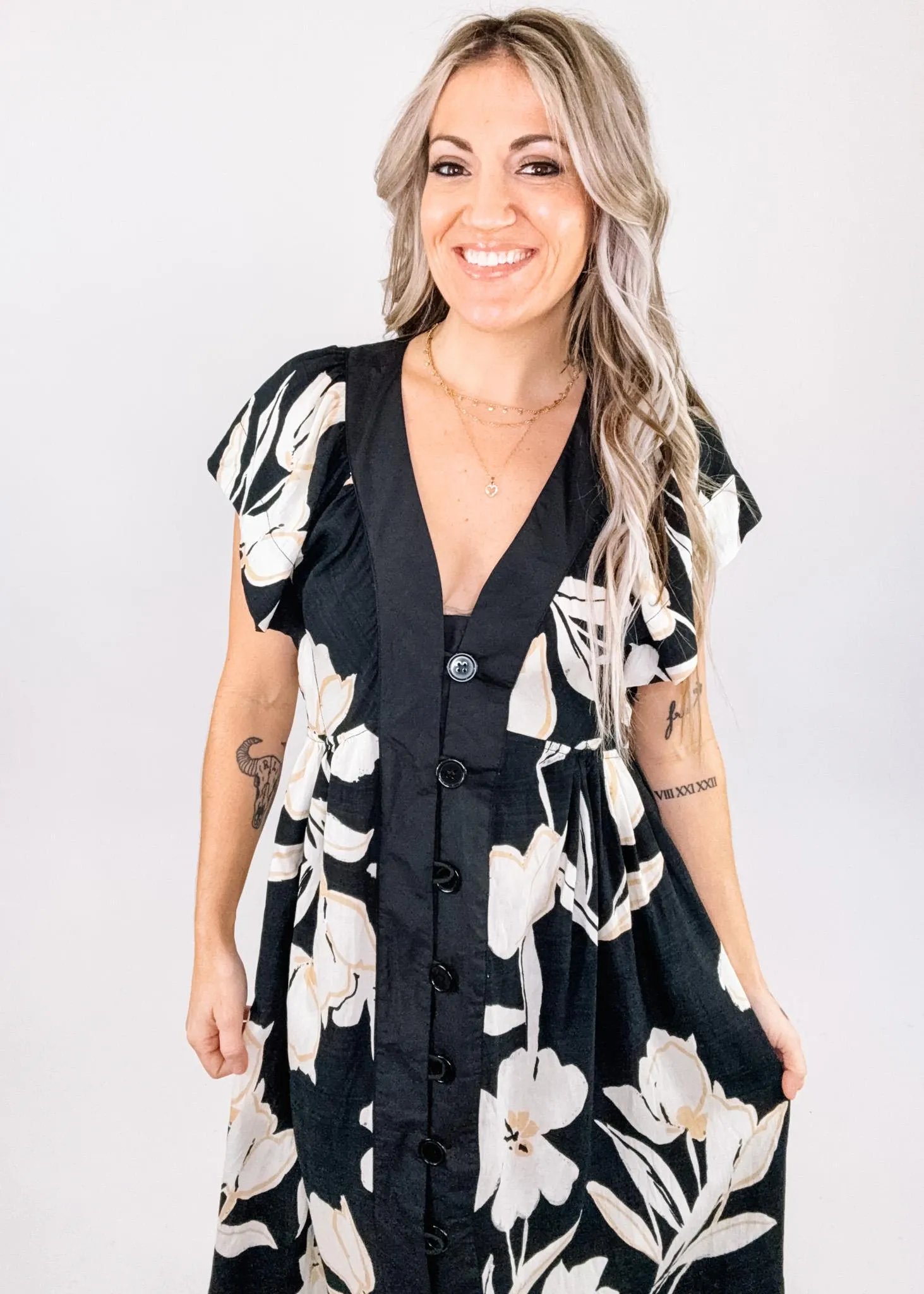Black Trim Floral Button Dow Maxi