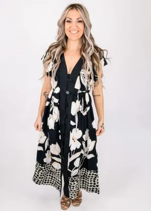 Black Trim Floral Button Dow Maxi