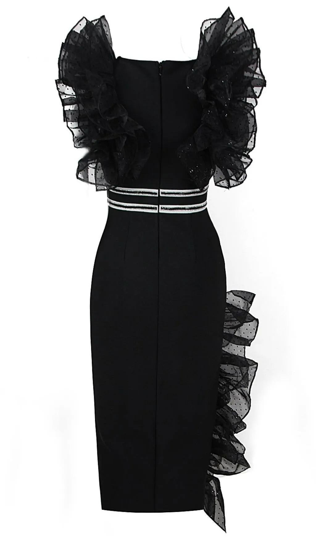 Black V Neck Ruffle Sleeveless Split Bandage Dress