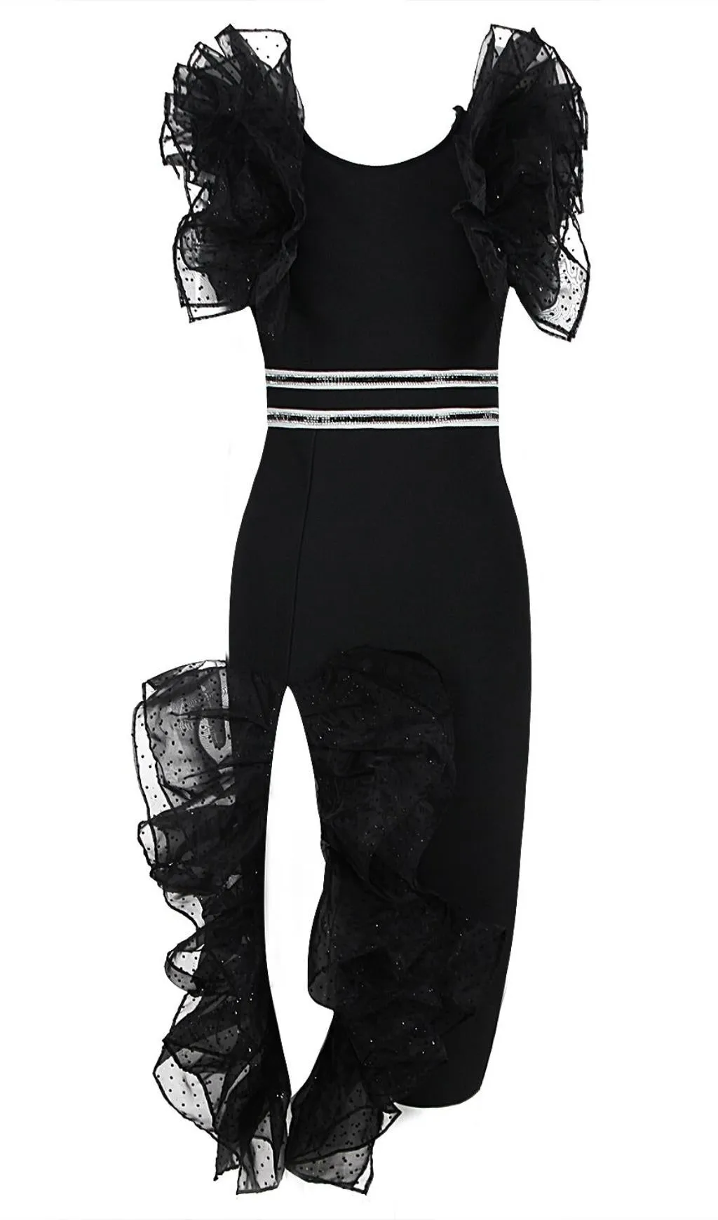Black V Neck Ruffle Sleeveless Split Bandage Dress