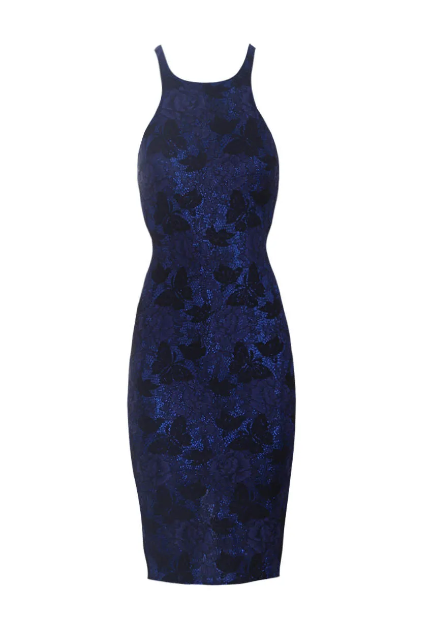 Blue Cut In Neck Metallic Bodycon Dress