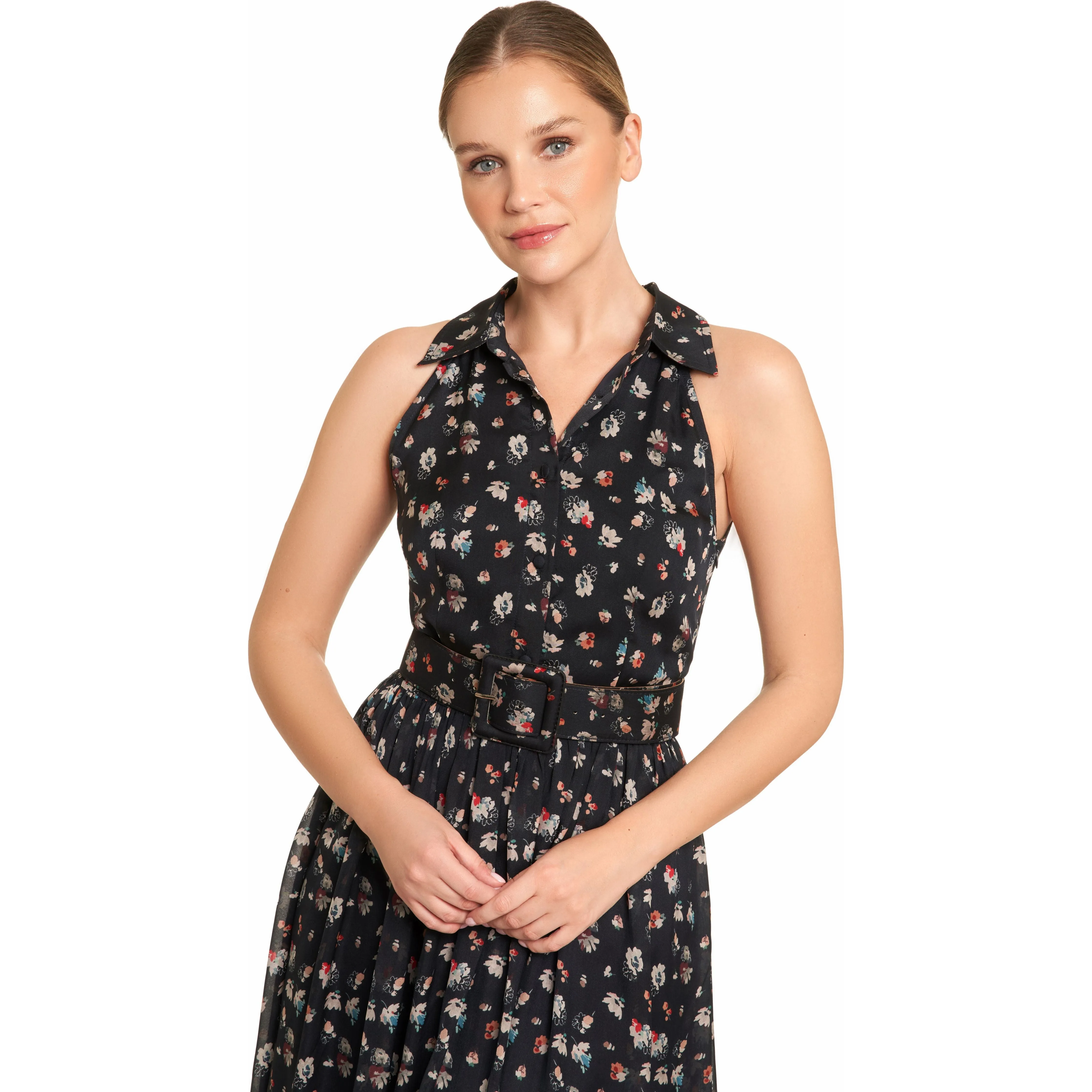 Blue Floral belted Silk Dress