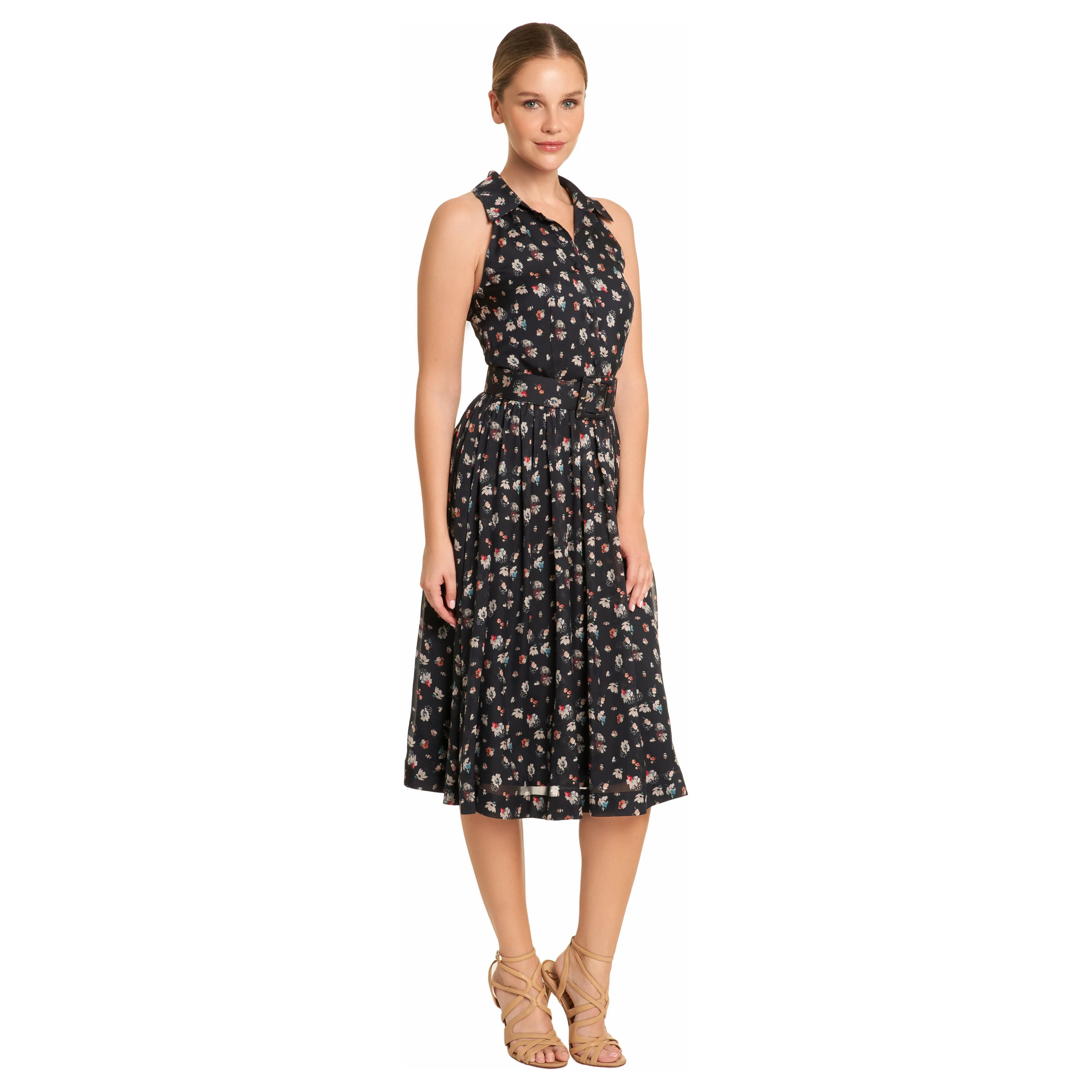 Blue Floral belted Silk Dress