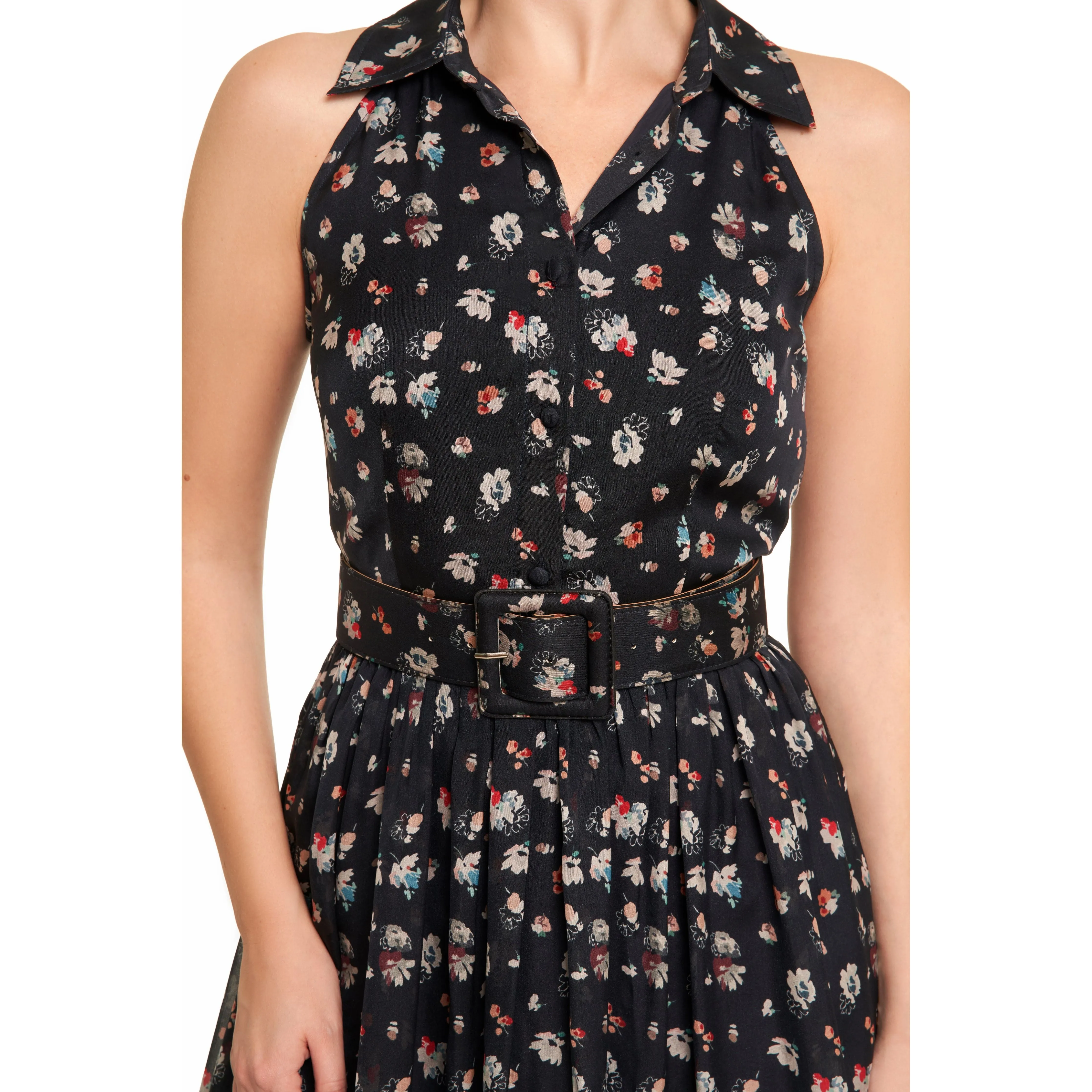 Blue Floral belted Silk Dress