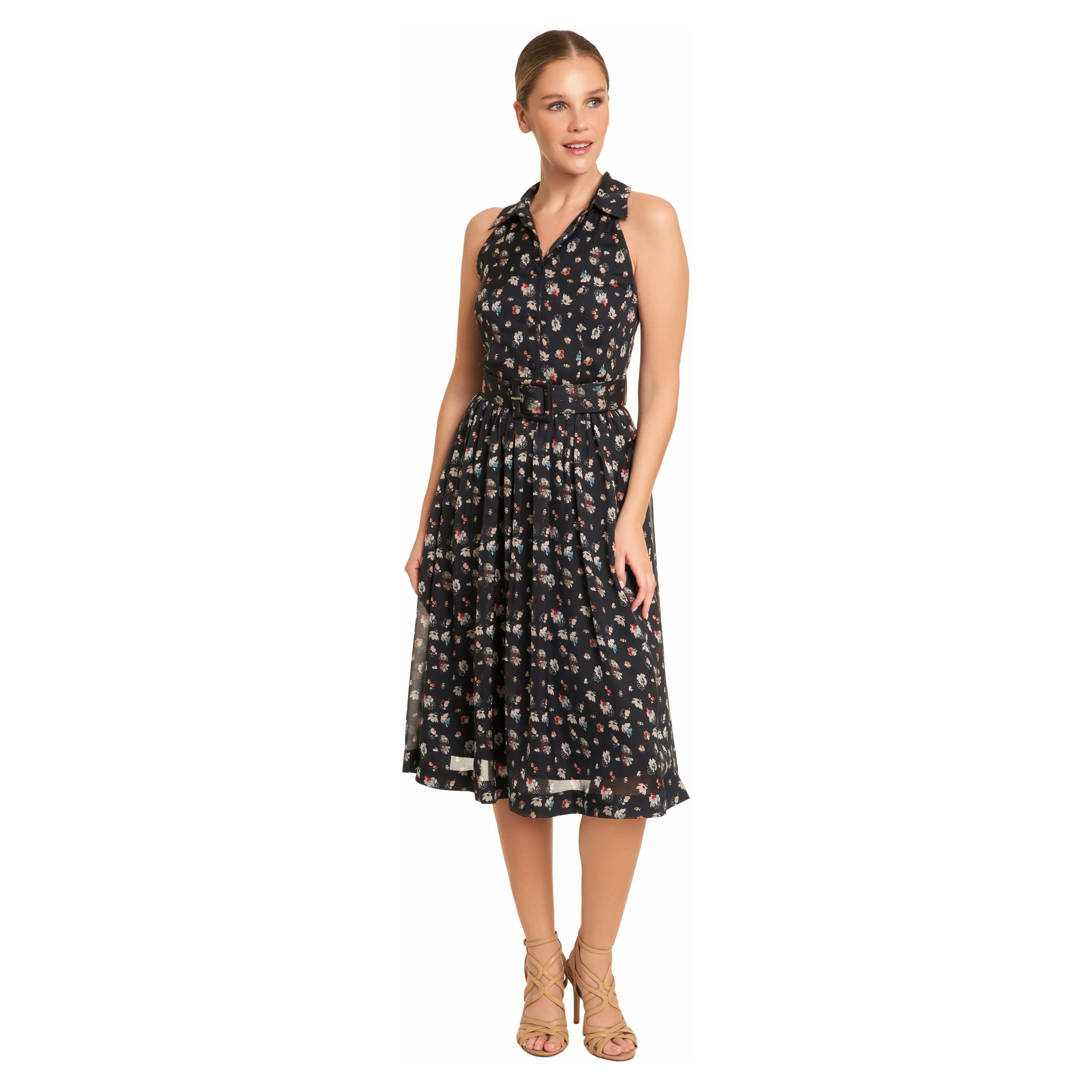 Blue Floral belted Silk Dress