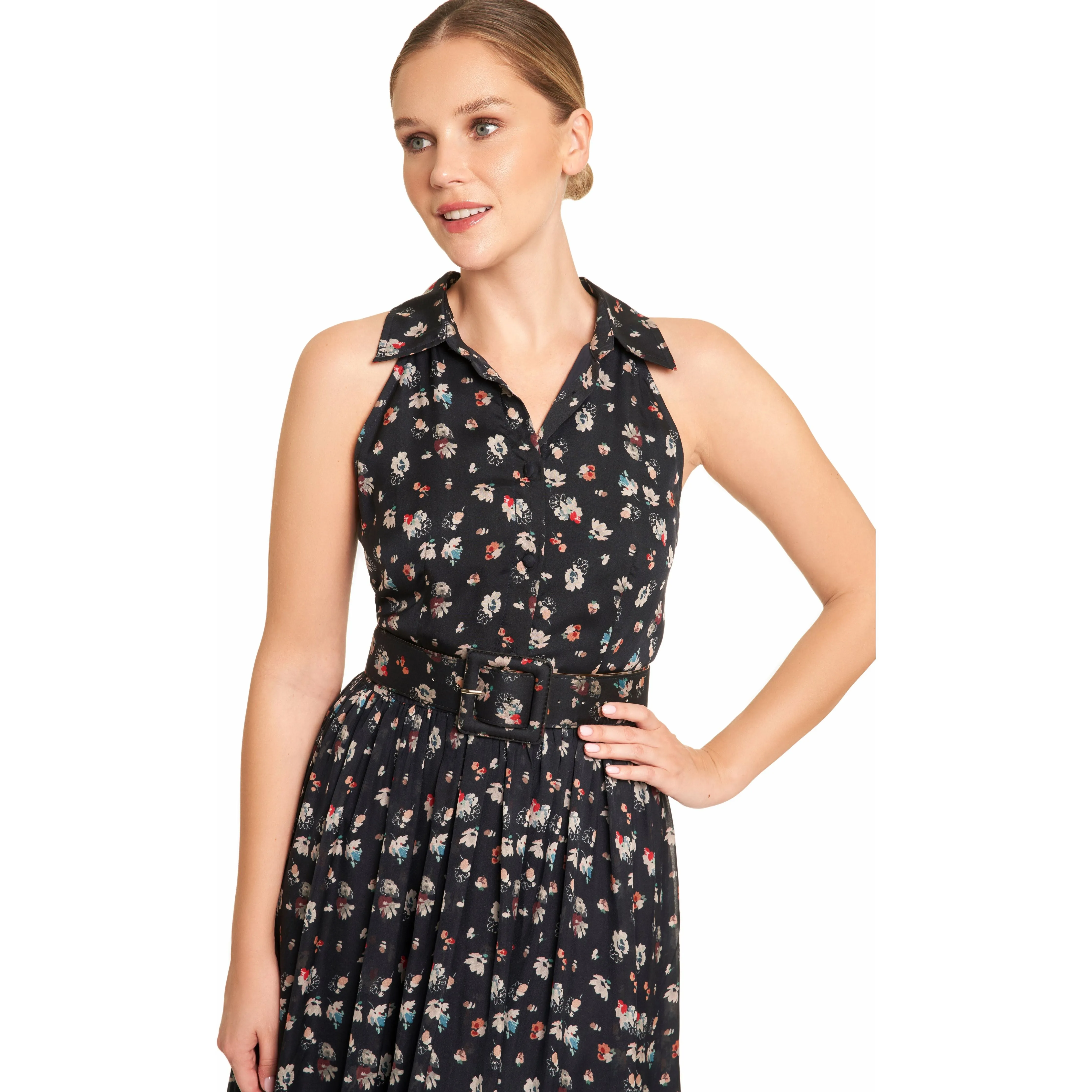 Blue Floral belted Silk Dress