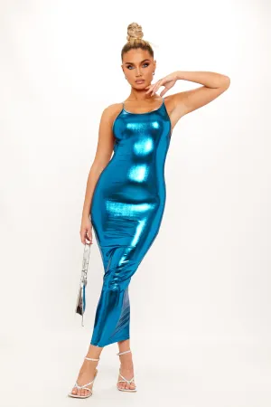 Blue Metallic Sleeveless Backless Bodycon Midaxi Dress