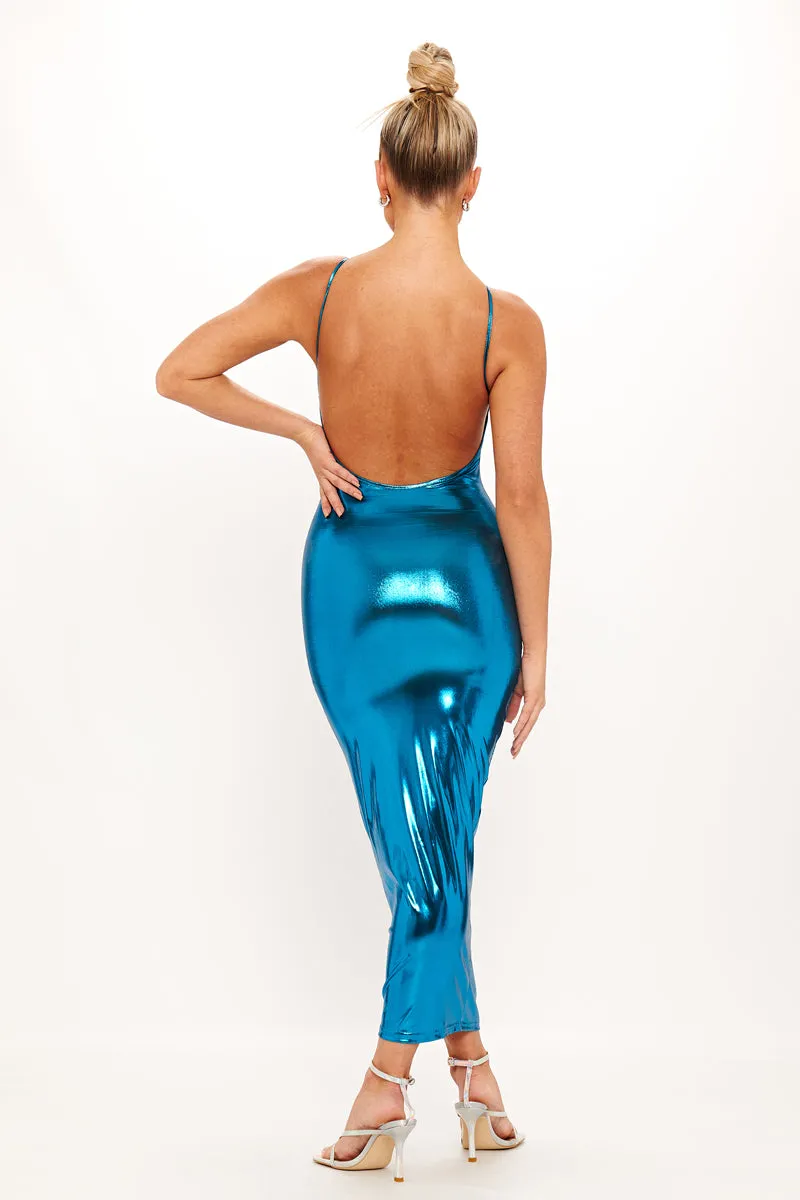 Blue Metallic Sleeveless Backless Bodycon Midaxi Dress