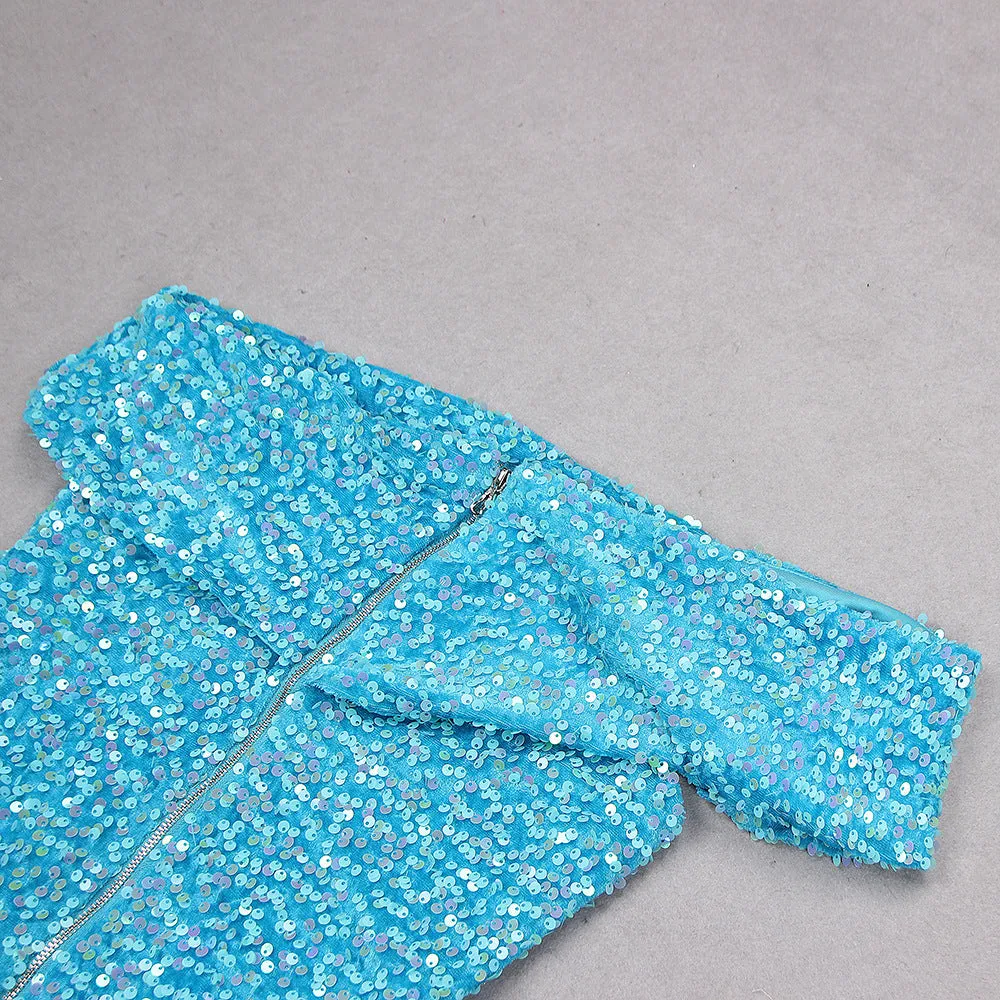 Blue One Shoulder Backless Sequin Midi Dress