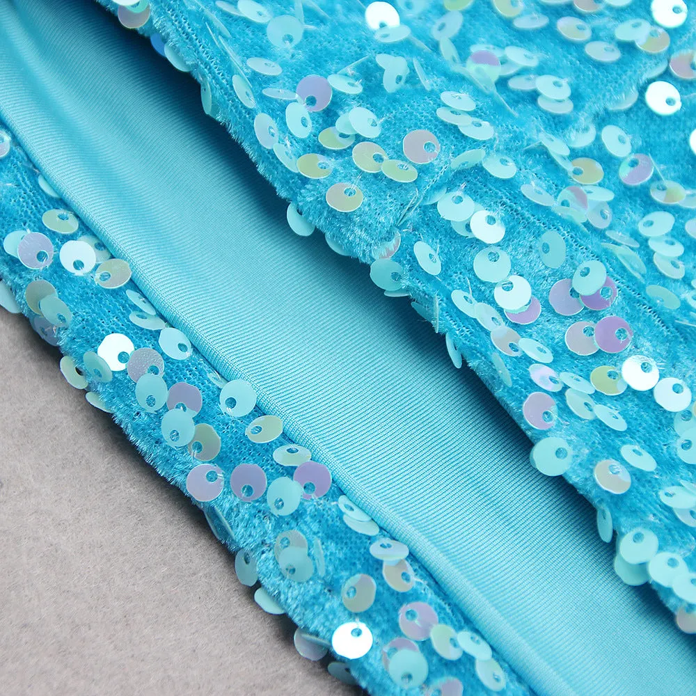 Blue One Shoulder Backless Sequin Midi Dress