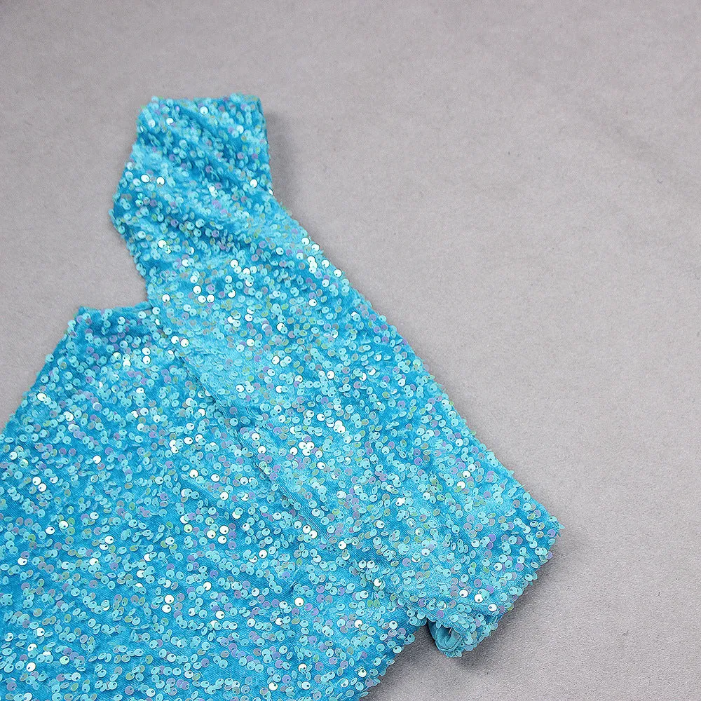 Blue One Shoulder Backless Sequin Midi Dress